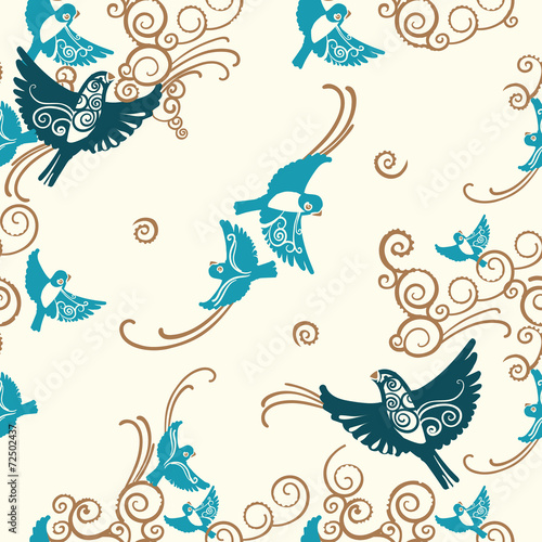 Seamless pattern with flying birds and beautiful curves