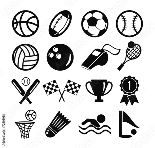 Vector black flat vector set of sports inventory icons