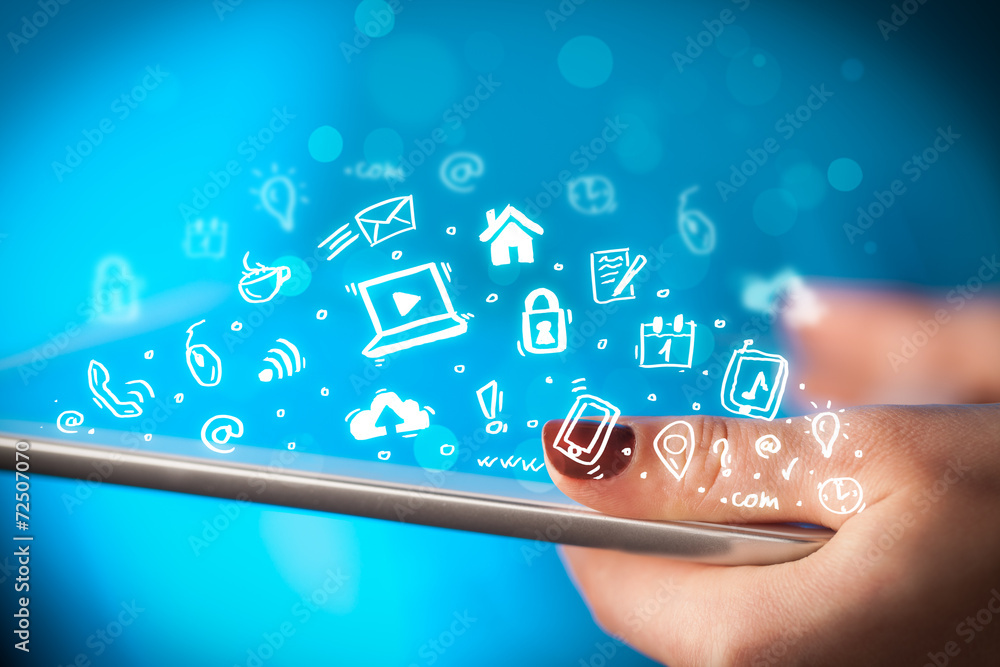 Finger pointing on tablet pc, social media concept