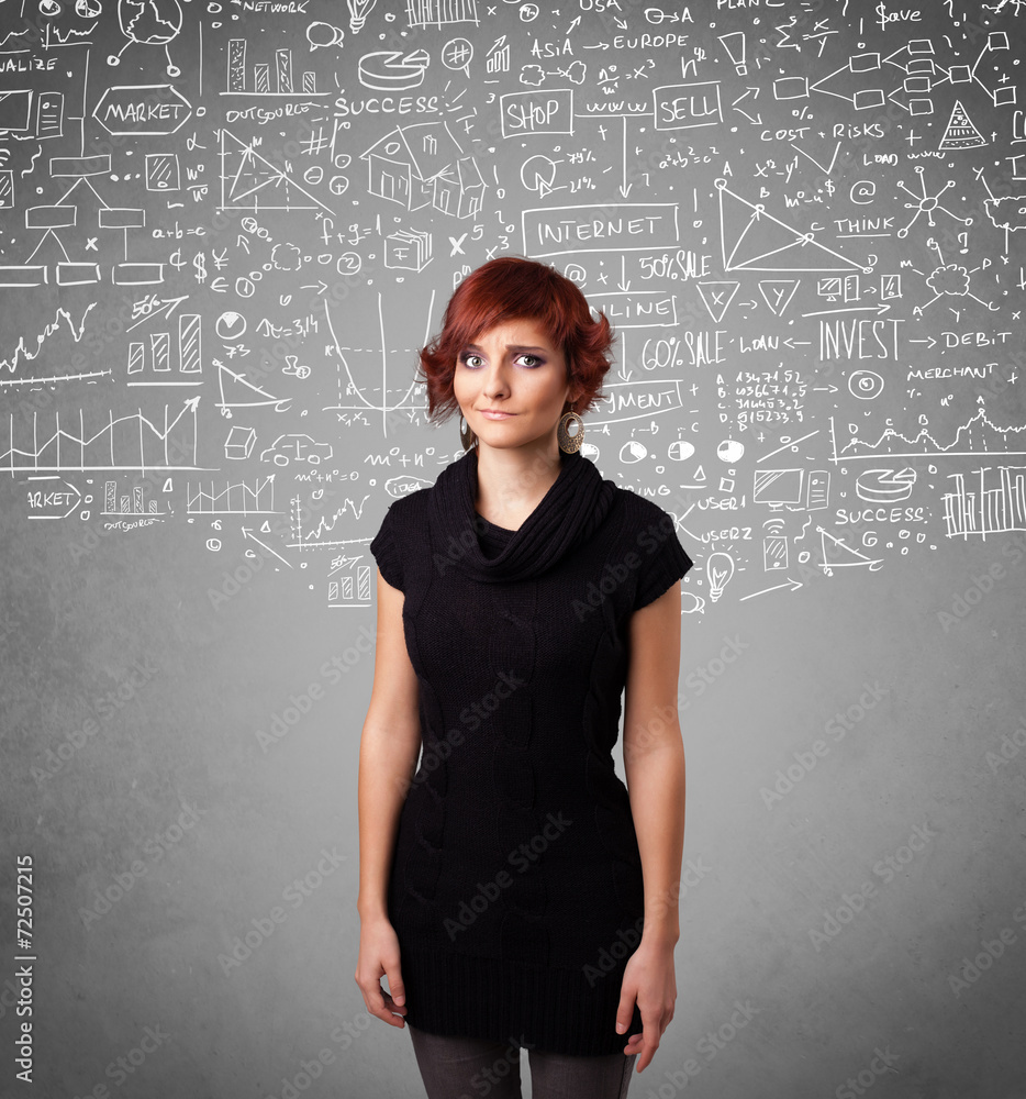 Young pretty lady with hand drawn calculations and icons Young pretty lady with hand drawn calculations and icons