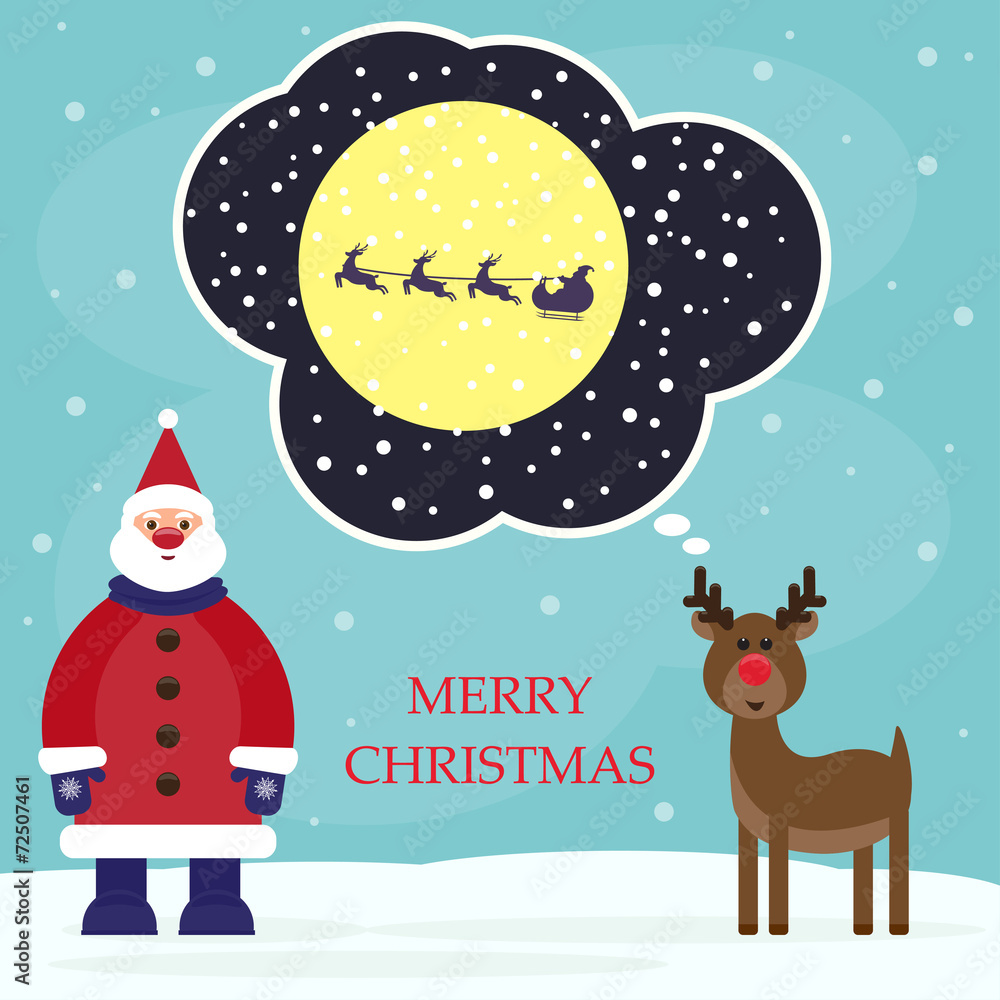 Fototapeta premium funny winter holidays background with Santa and amusing deer