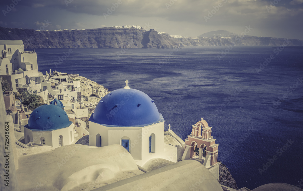Santorini Island scene with  blue dome churches, Greece