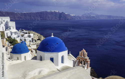 Santorini Island scene with blue dome churches, Greece