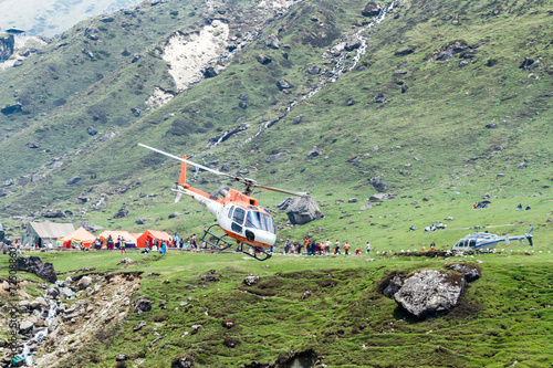 A helicopter at Kedarnath temple in the  Himalayas.