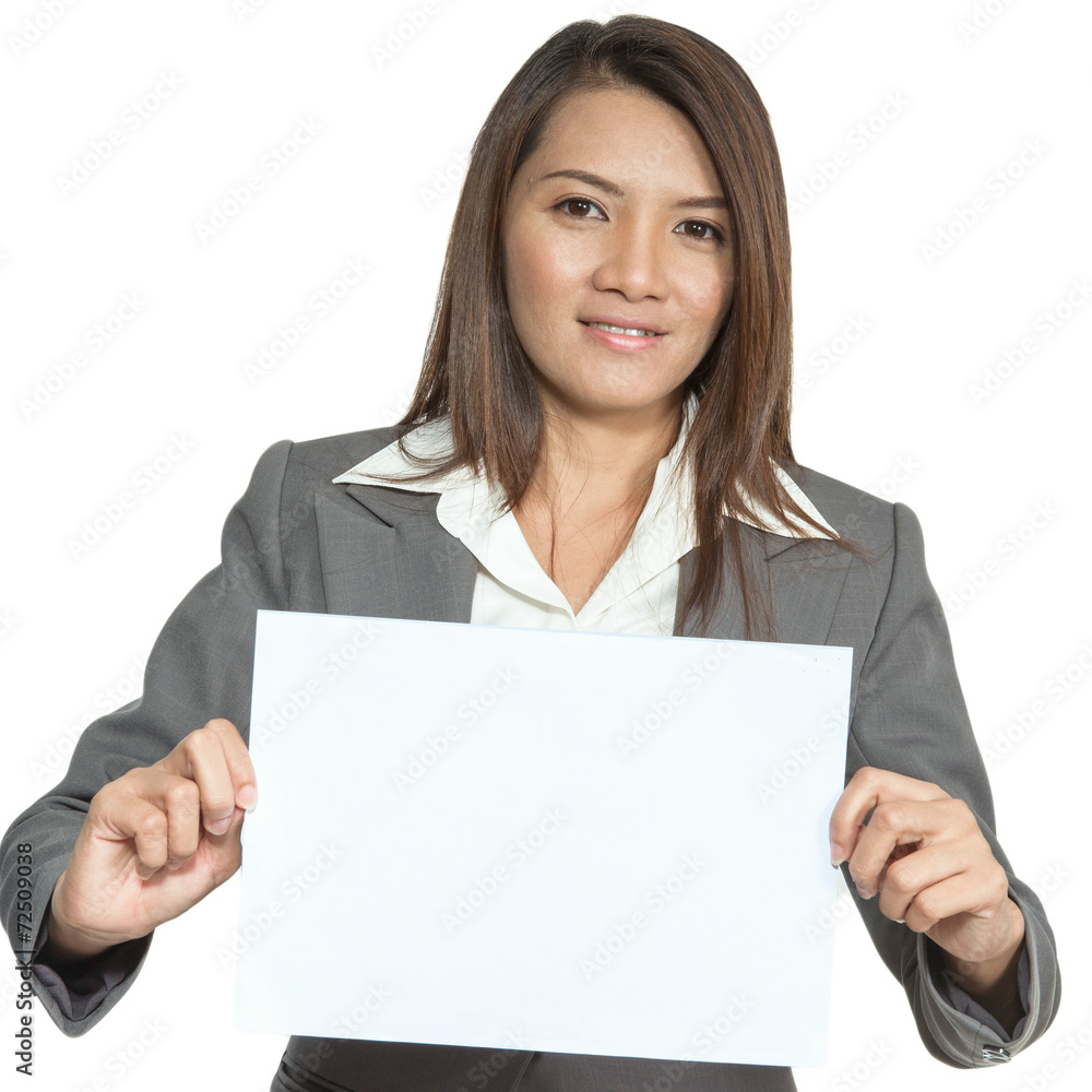 Young Asian business woman attractive brunetee showing blank sig Young Asian business woman attractive brunetee showing blank sig