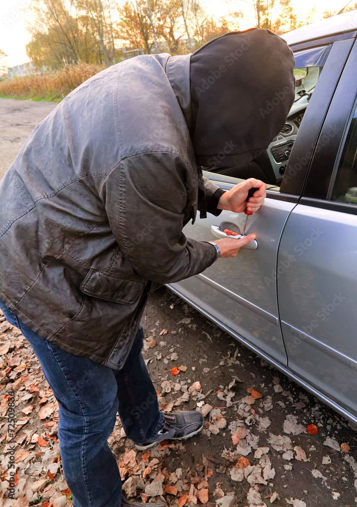 Hooligan breaking into car