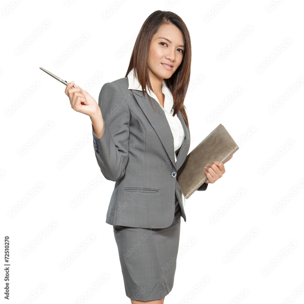 Asian business woman attractive gesture holding a pen and diary Asian business woman attractive gesture holding a pen and diary