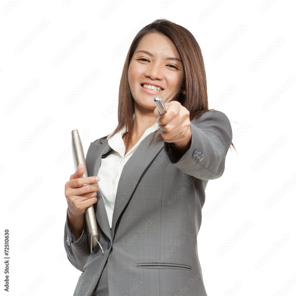 Asian business woman attractive gesture holding a pen and diary Asian business woman attractive gesture holding a pen and diary