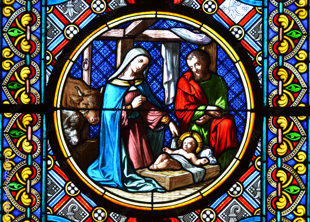 Nativity Scene. Stained glass window - obrazy, fototapety, plakaty 