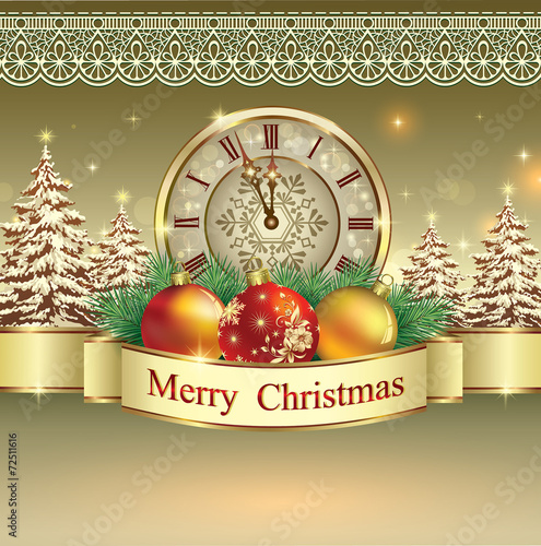 Christmas greeting card with clock and balls