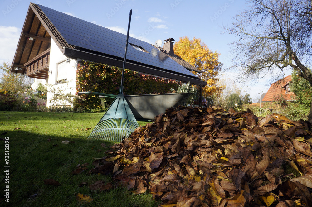 Laubhaufen im Garten StockFoto Adobe Stock