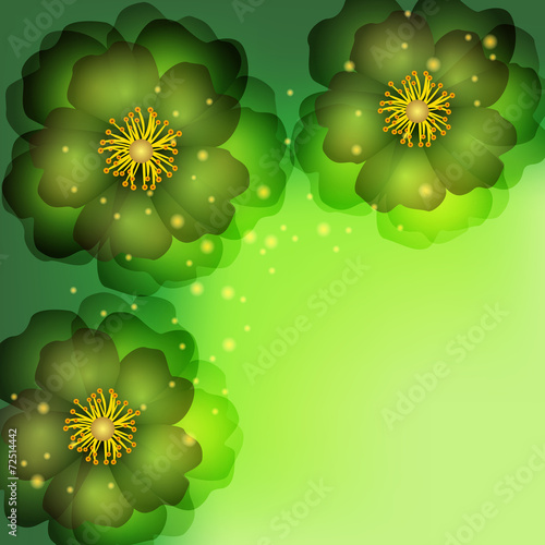 Invitation or greeting card green with abstract flowers
