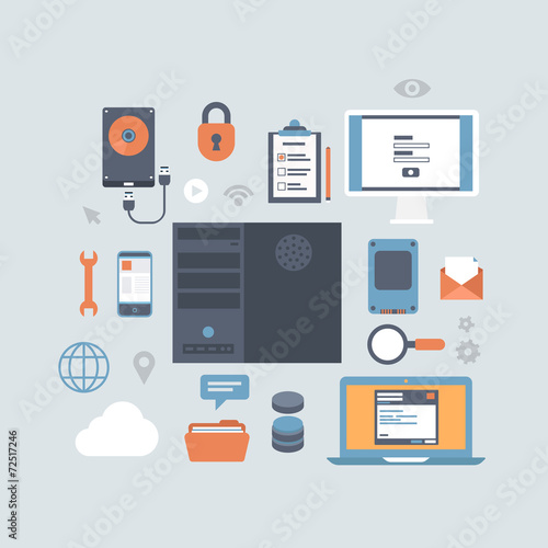 Server computing hosting modern flat style equipment icon set