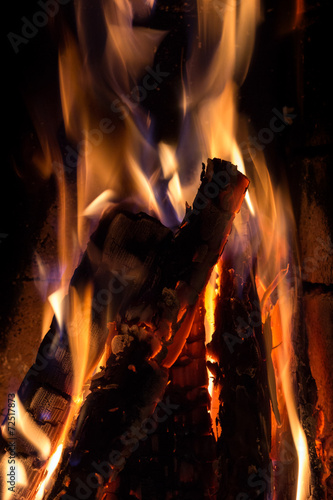 Closeup of burning and flaming firewood in fireplace