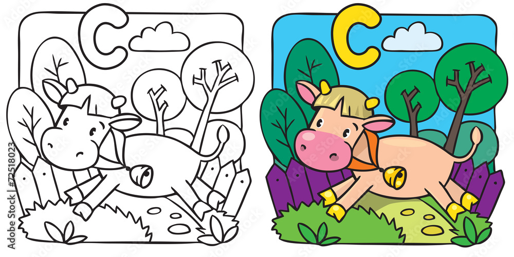 Naklejka premium Little cow or calf coloring book. Alphabet C