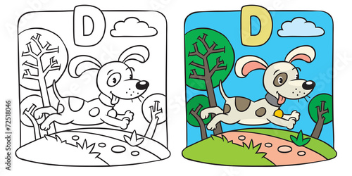 Coloring book of little funny dog. Alphabet D