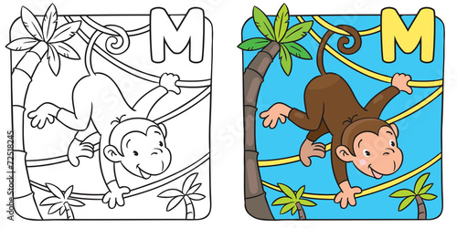 Coloring book of funny monkey on lians. Alphabet M