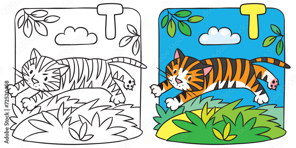 Little tiger coloring book. Alphabet T