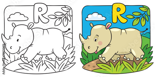 Little rhino coloring book. Alphabet R