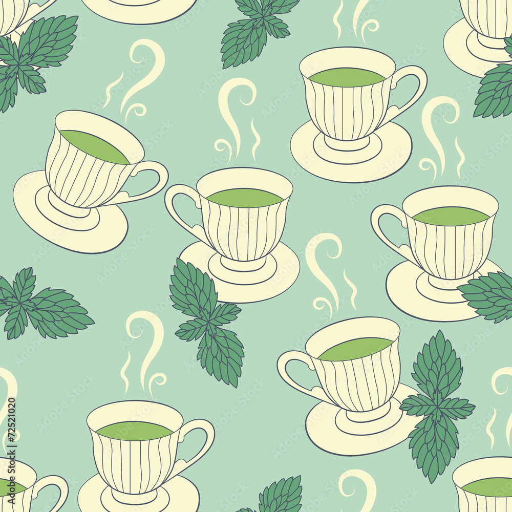 Seamless pattern with hand drawing cups and mint Seamless pattern with hand drawing cups and mint