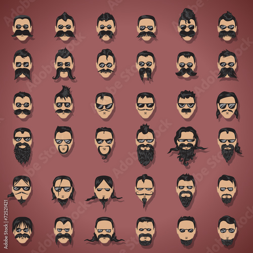 Face With Mustache And Beard Set - Isolated On Purple Background