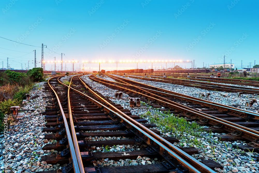 Cargo train platform at sunset with container