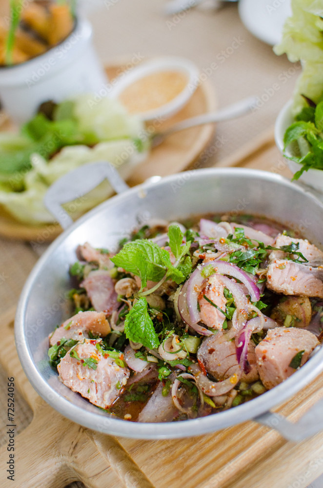 Thai style hot and spicy salmon salad