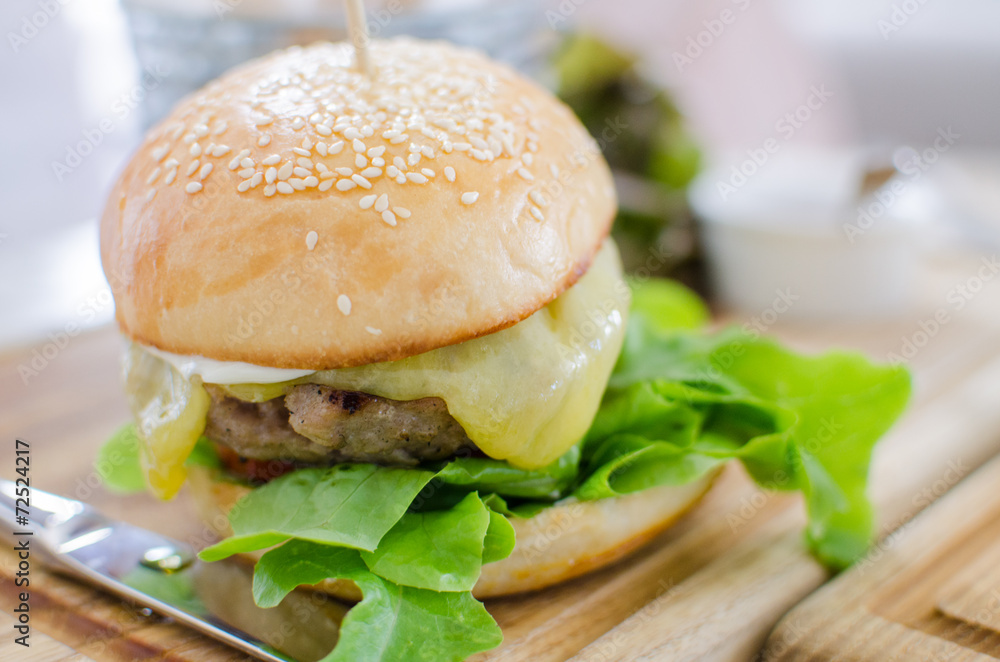 Hamburger with juicy beef and cheese Hamburger with juicy beef and cheese