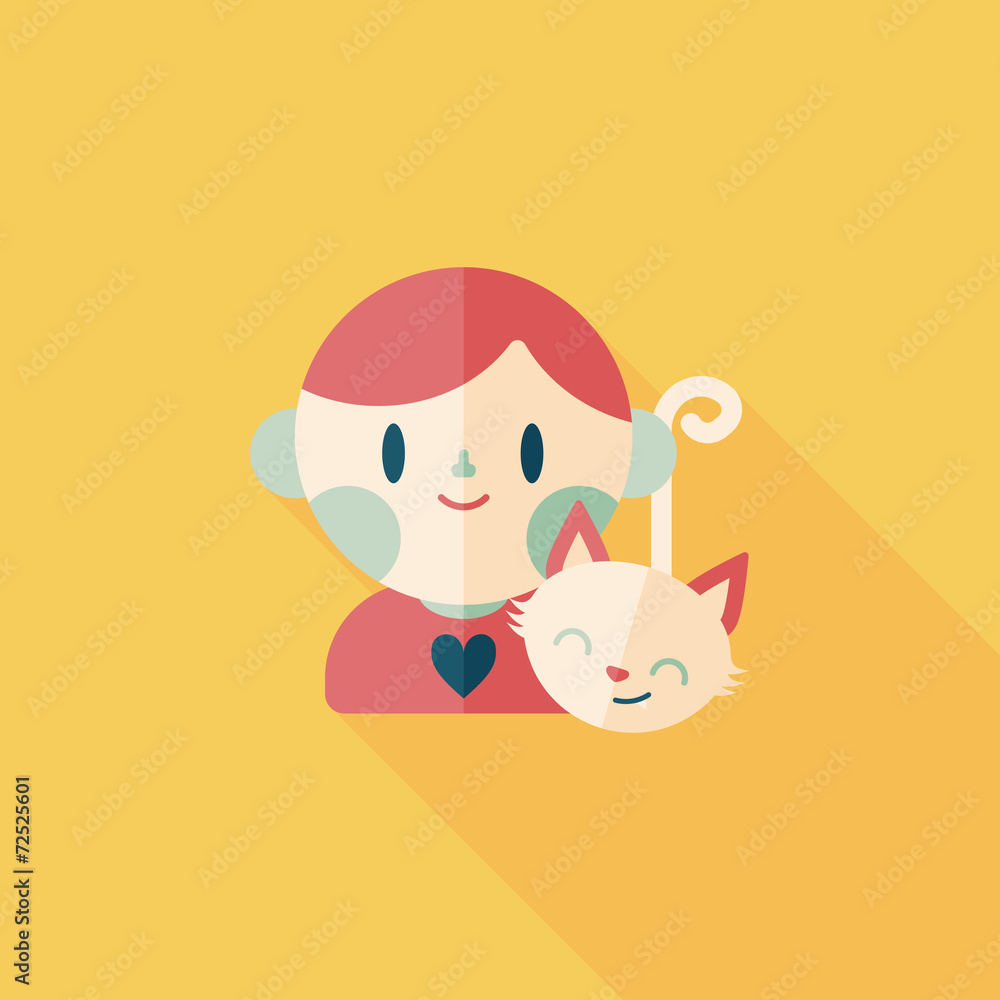 Pet cat and boy friendship flat icon with long shadow,eps10