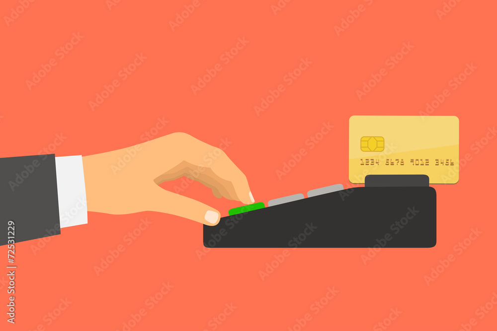 Hand holding a credit card spends in the payment terminal Hand holding a credit card spends in the payment terminal
