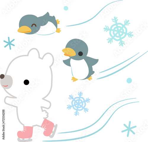 スケートするシロクマとペンギン