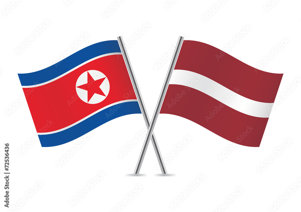 North Korean and Latvian flags. Vector illustration.
