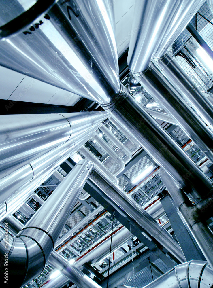 Obraz premium Industrial zone, Steel pipelines, valves and ladders