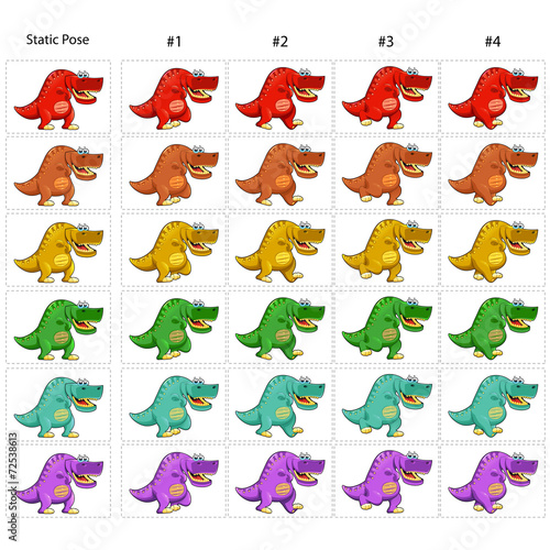 Animation of  six funny dinosaurs walking.