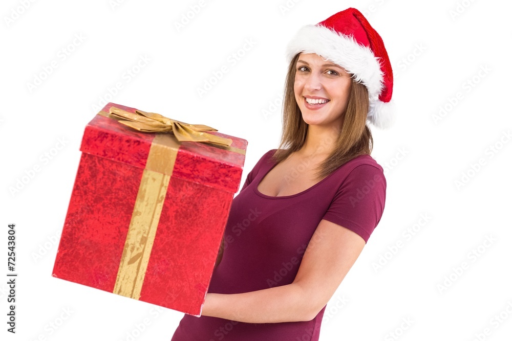 Pretty girl in santa hat holding gift box Pretty girl in santa hat holding gift box