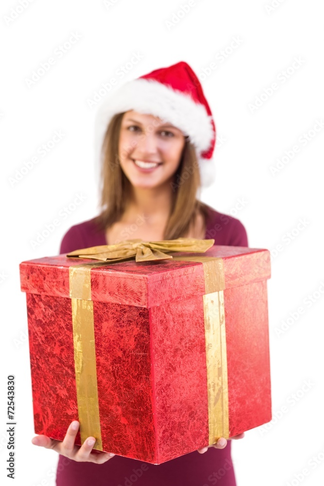 Young woman giving a christmas present with bow Young woman giving a christmas present with bow
