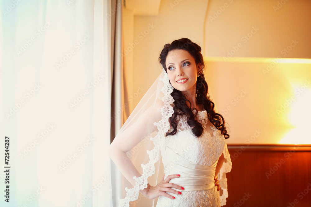 Fototapeta premium Beautiful bride on her wedding day getting ready