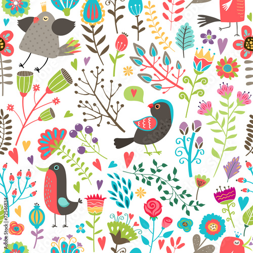 Hand-drawn birds and flowers seamless pattern