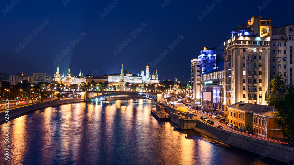 Panoramic night view of Moscow Kremlin, Russia