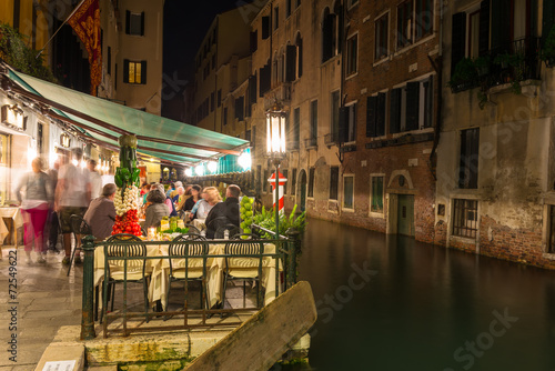 Night view of canal and restaurant in Venice, Italy