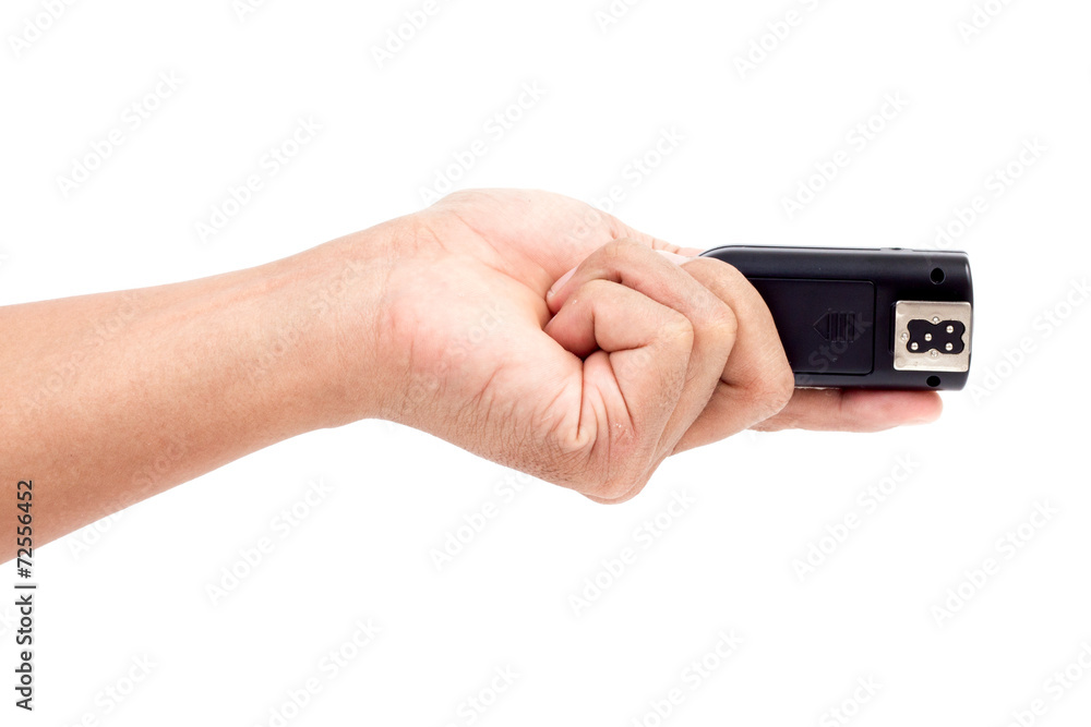 Wireless Flash Trigger in hand, Isolate on white background Wireless Flash Trigger in hand, Isolate on white background