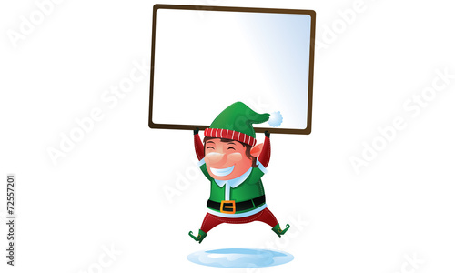 Happy Elf with sign in Christmas photo