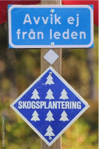 Swedish informations signs besides the street. Avvik ey from leden means Dont leave the road, Skogsplantering is a forest plantation photo