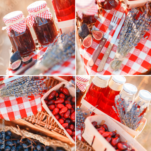 Juice, berries and lavender in a straw basket. photo