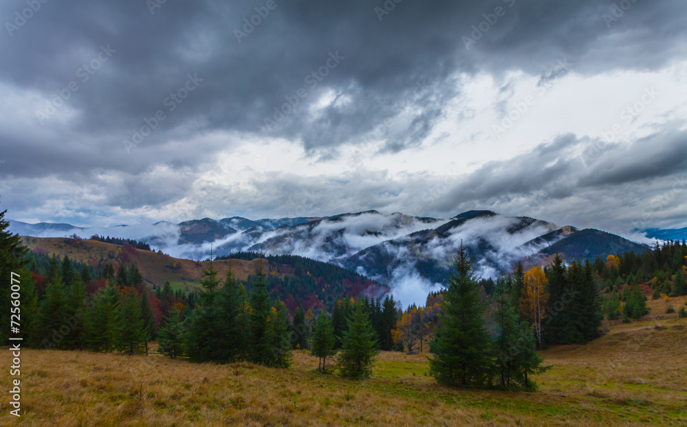 global warming. mountain landscape. Clouds and fog