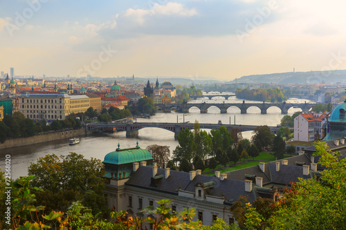 Aerial view over the bridges on the Vltava River in Prague, Czec