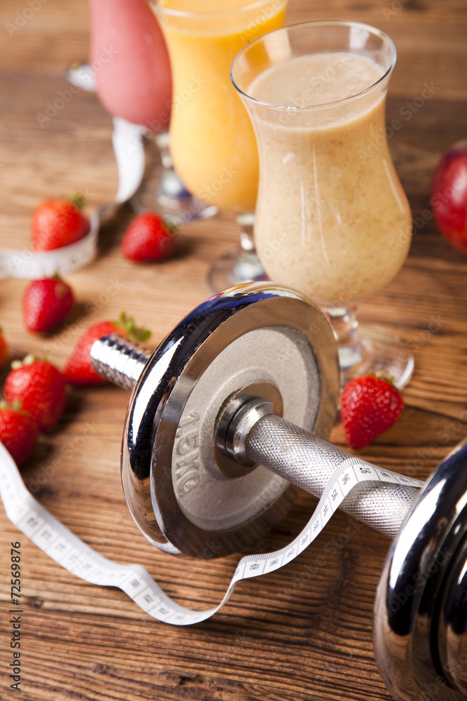 Fototapeta premium Vitamin and Fitness diet, dumbell 