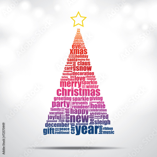 Christmas tree filled by Christmas and happy new year word cloud