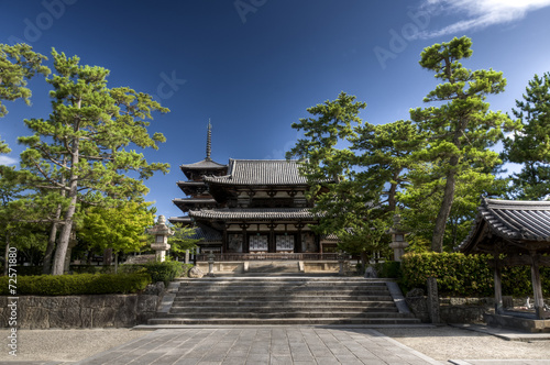 Main shrine of Hasedera temple with pagoda, Nara, Japan
