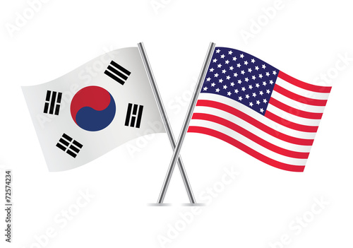 South Korea and America crossed flags. South Korean and American flags, isolated on white background. Vector illustration.